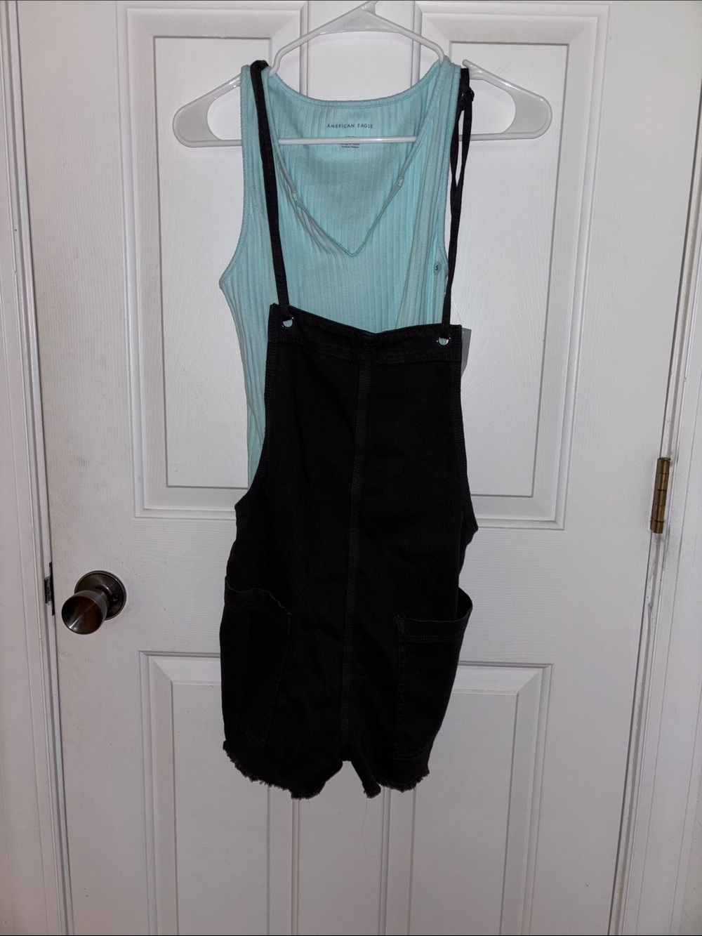 American Eagle Light Aqua Ribbed Tank with Aerie Black Denim Overall Romper NWT